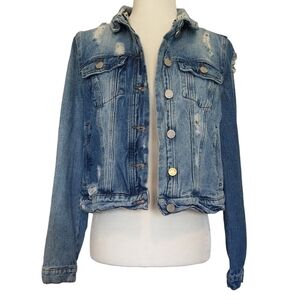William Rast 100% Cotton Distressed Denim Button-Up Cropped Jacket